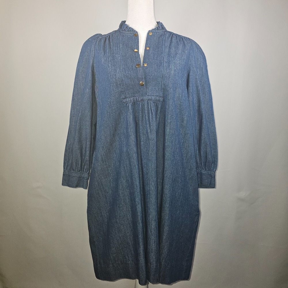 Pomander Place Chambray Claiborne Dress Ruffle Neck Gold Button Medium Size S - Picture 4 of 15